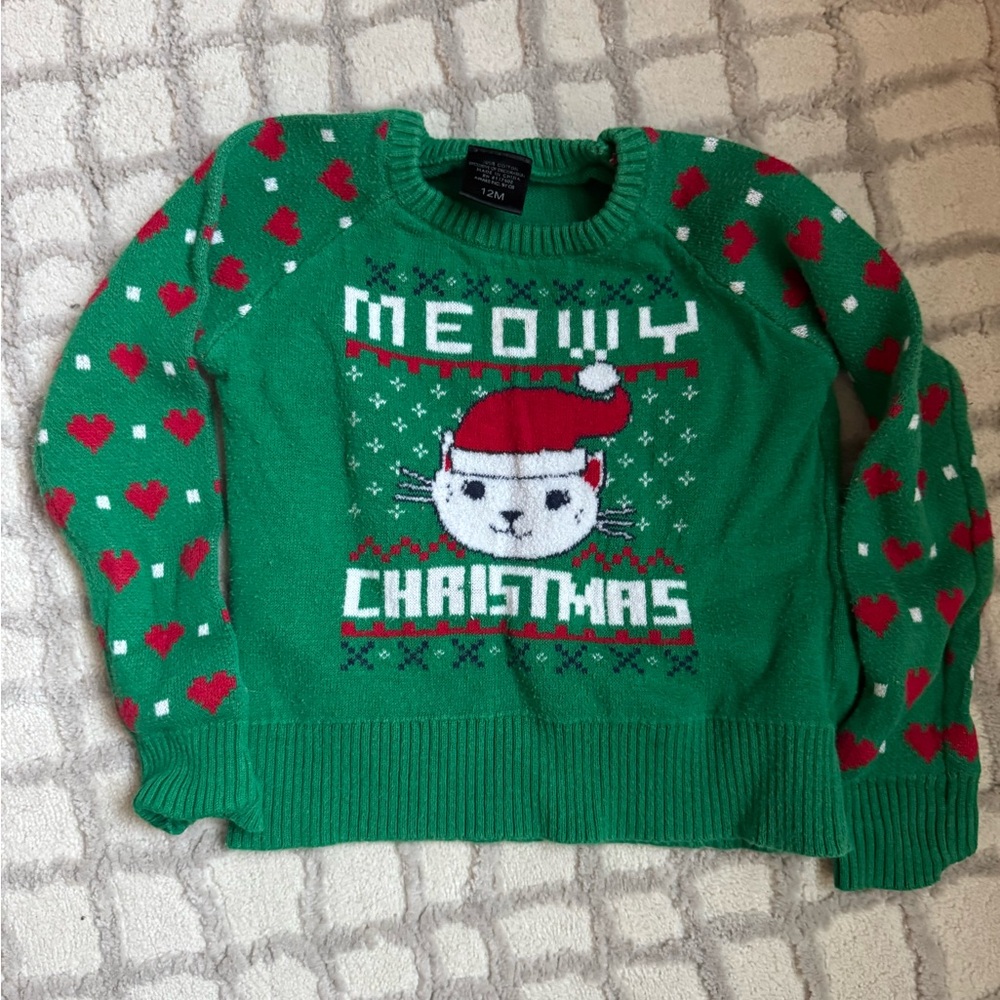 Meowy Christmas Cat Sweater- 12 Months